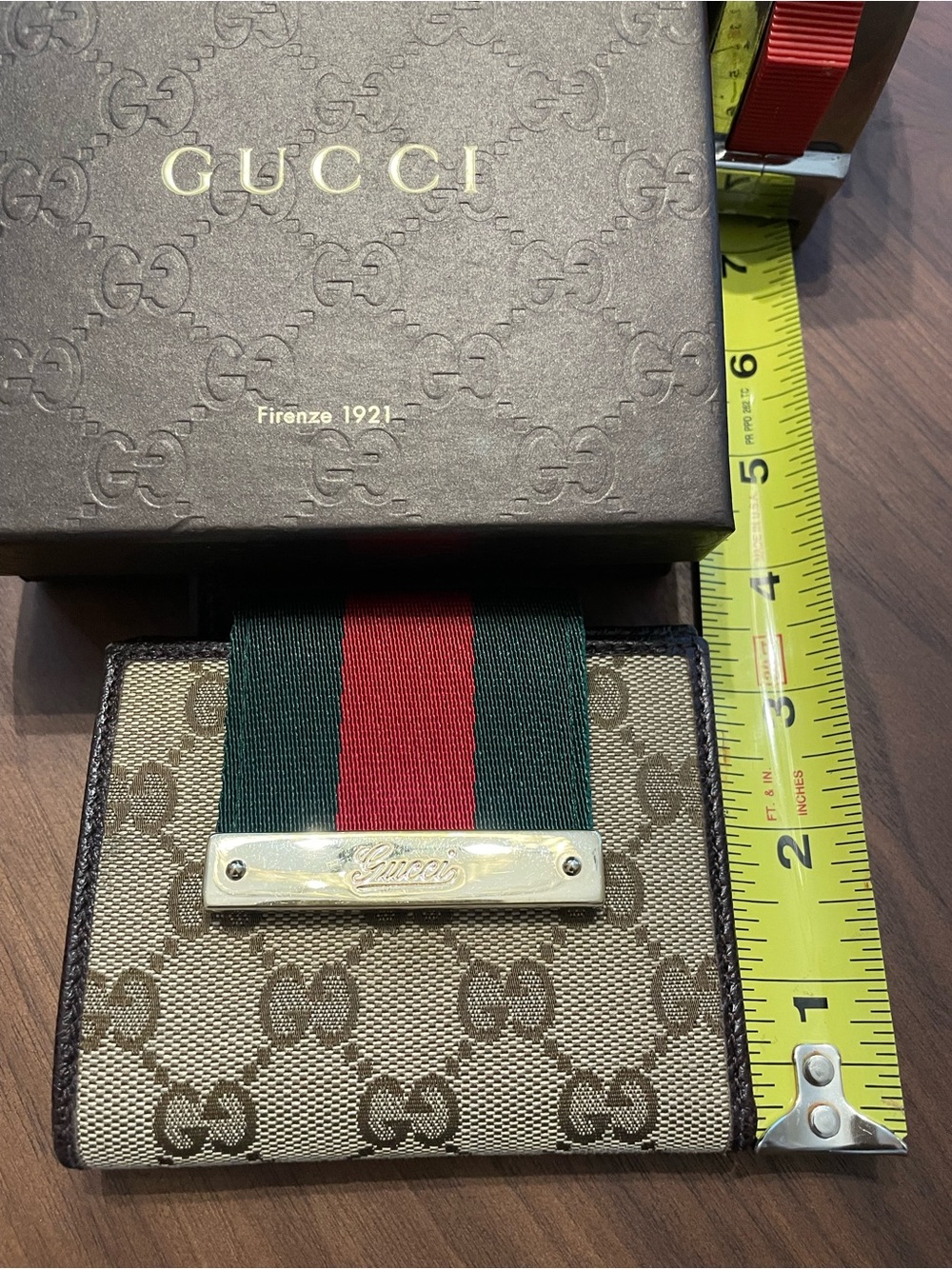 Gucci GG Canvas Tri-Fold Card Holder with Green and Red Web. Authentic. - Picture 9 of 13